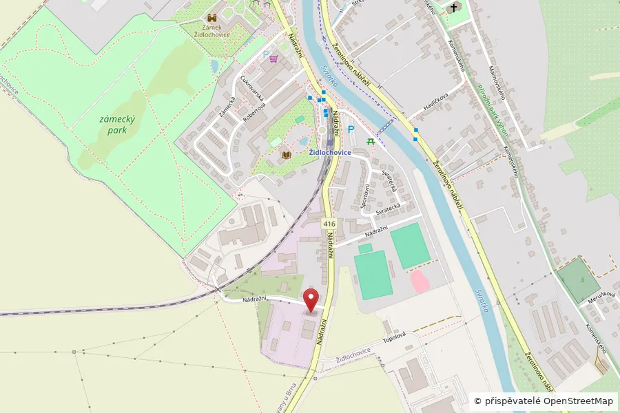 Mapa Židlochovic s vyznačenou polohou provozovny na ulici Nádražní, poblíž vlakového nádraží a zámeckého parku
